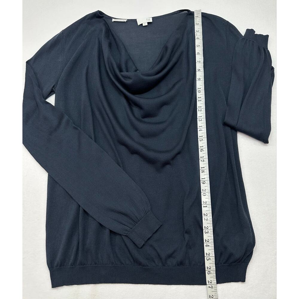 TSE 100% Silk Italian Dark Navy Cowl Neck Long Sleeve Knit Top Size Large - Picture 9 of 13